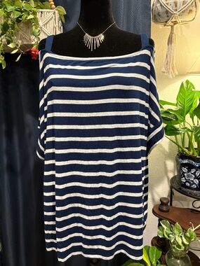 Sunday Navy and White Striped Top with Off Shoulder Sleeves